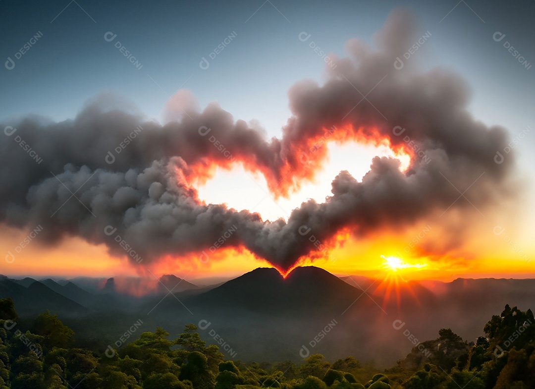 Lindo pôr do sol com nuvem em formato de coração