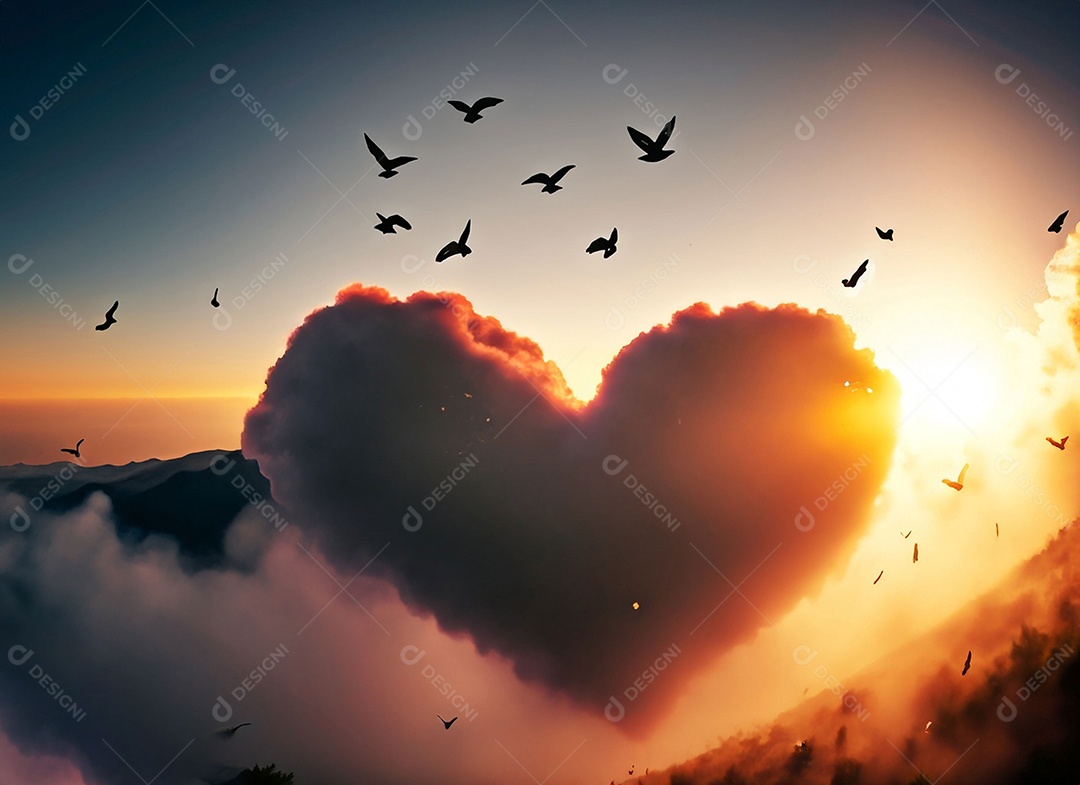 Pôr do sol bonito com nuvem em formato de coração