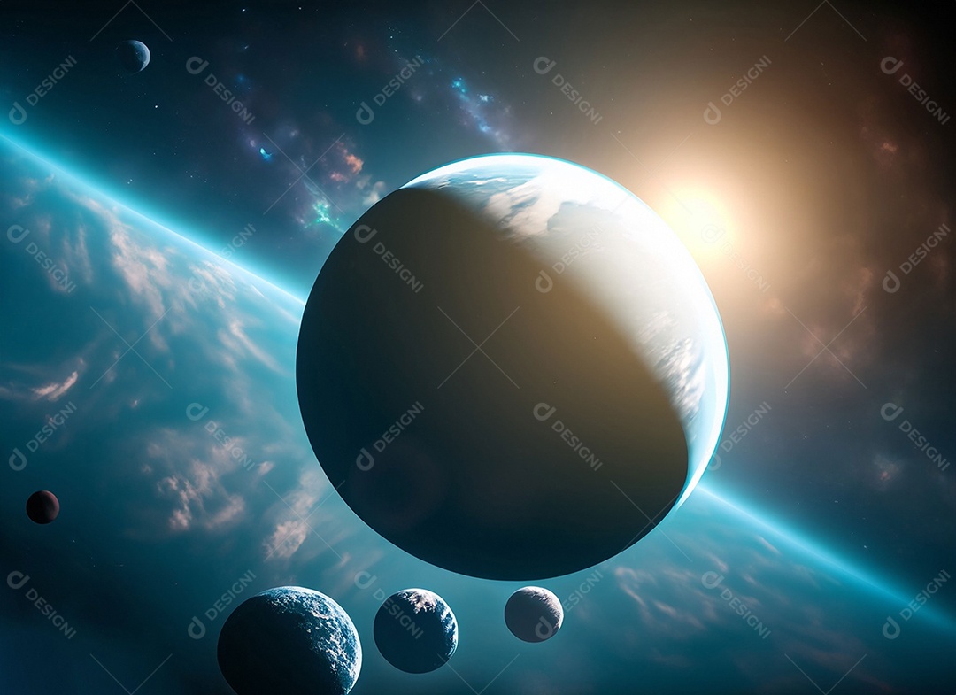 Paisagem galáxia planeta e terra vista do espaço com a via láctea