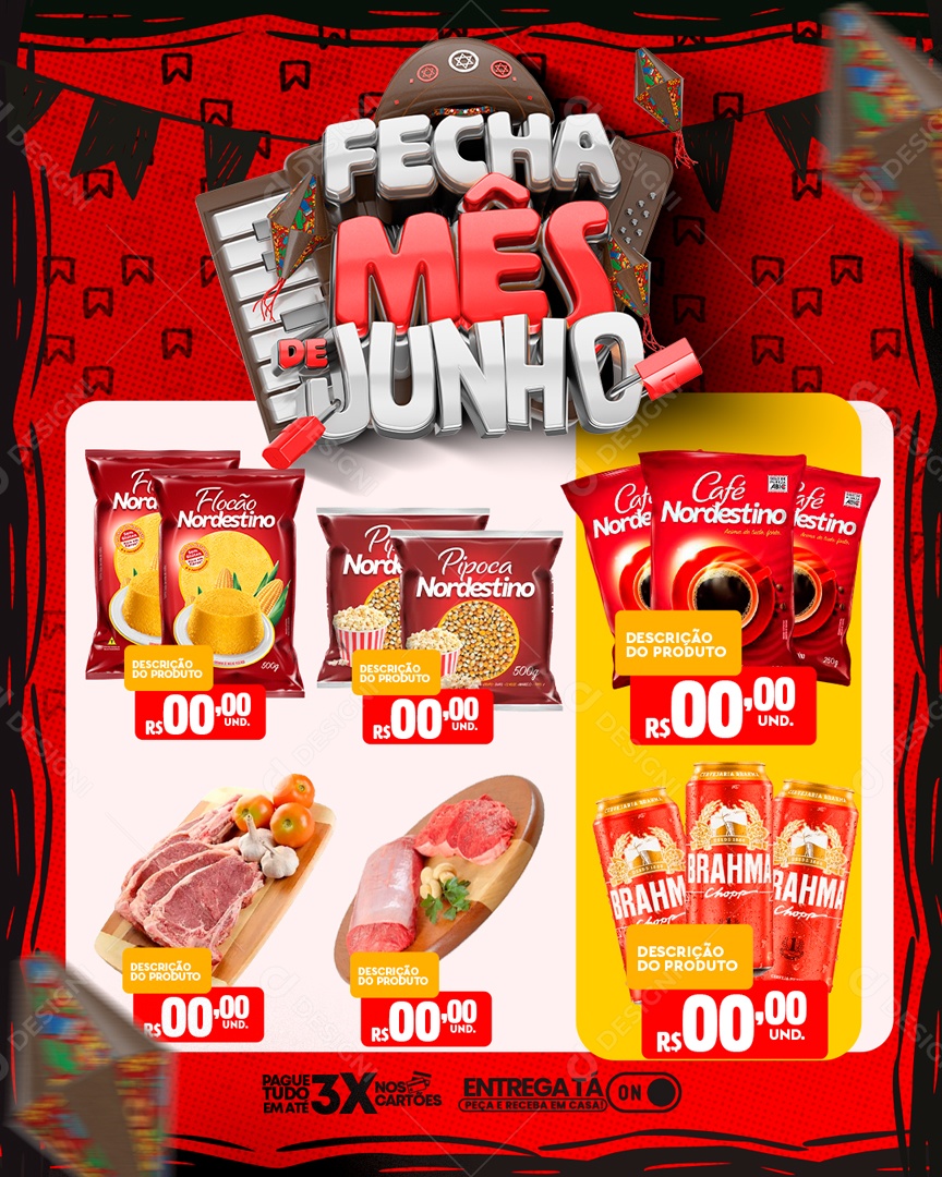 Social Media Feed Fecha Mês De Junho Vermelho Supermercado PSD Editável