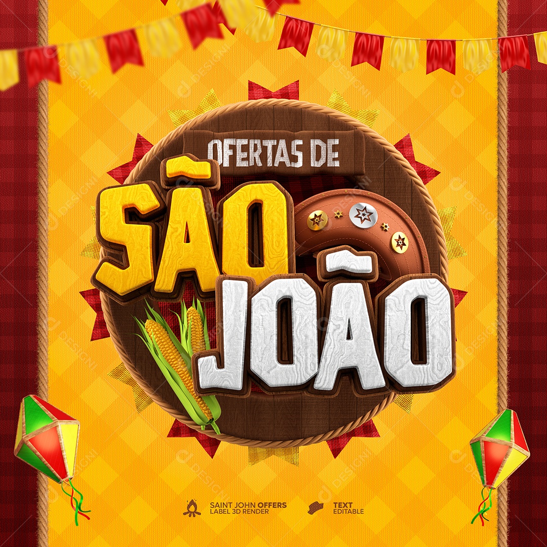 Selo São João de Ofertas 3D Render Social Media PSD Editável