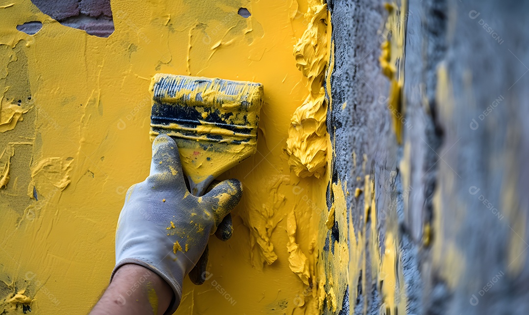 Pintor pintando parede com tinta amarela