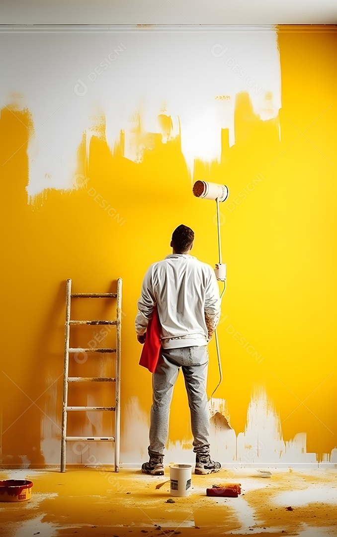 Pintor pintando parede com tinta amarela