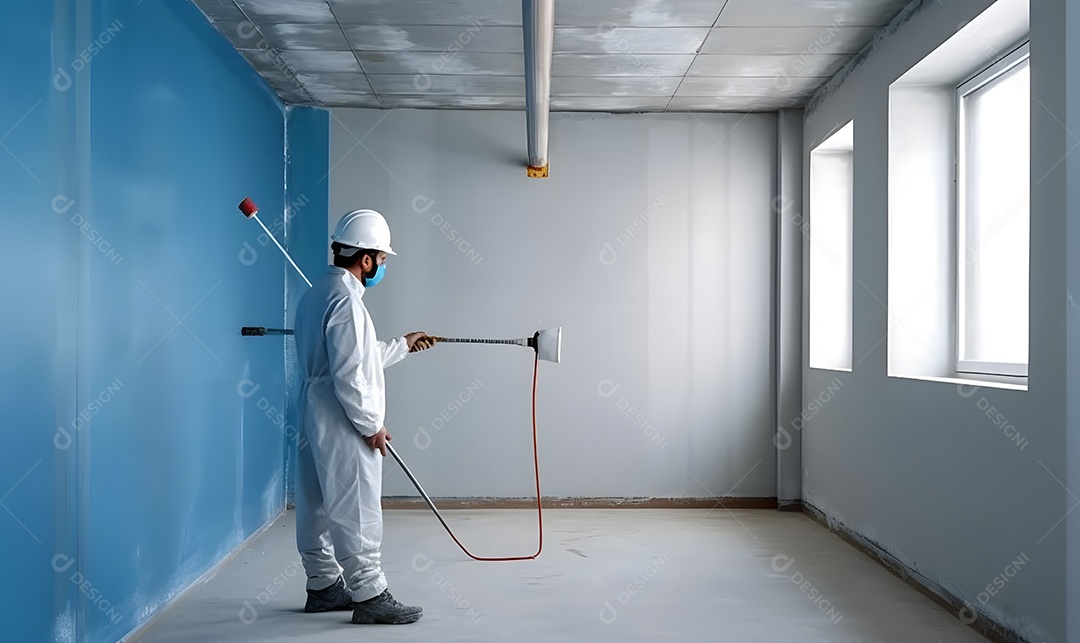 Pintor pintando parede com tinta azul