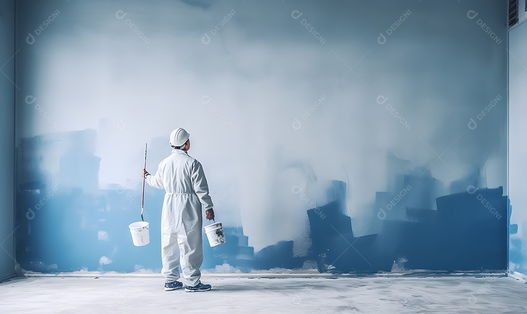 Pintor pintando parede com tinta azul
