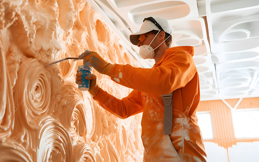 Pintor pintando parede com tinta laranja