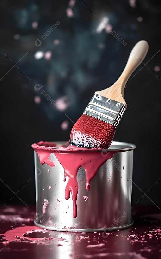 Detalhe de lata de tinta vermelha e pincel para pinturas