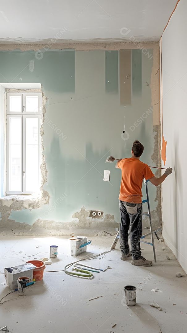 Pintor pintando parede com tintas azuis