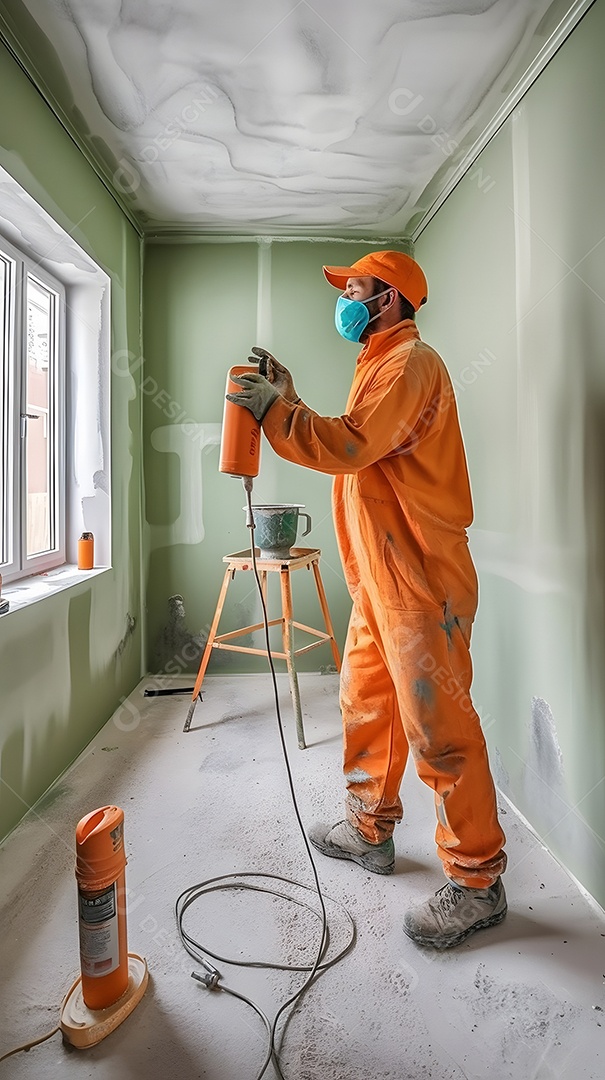 Pintor pintando parede com tinta verde