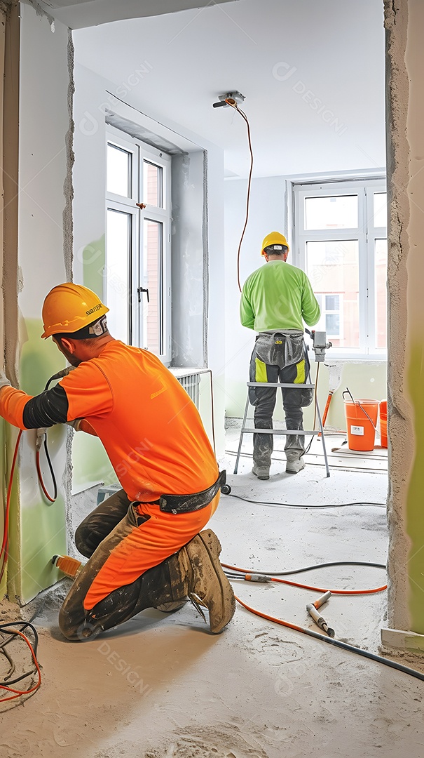 Pintores pintando parede com tinta verde