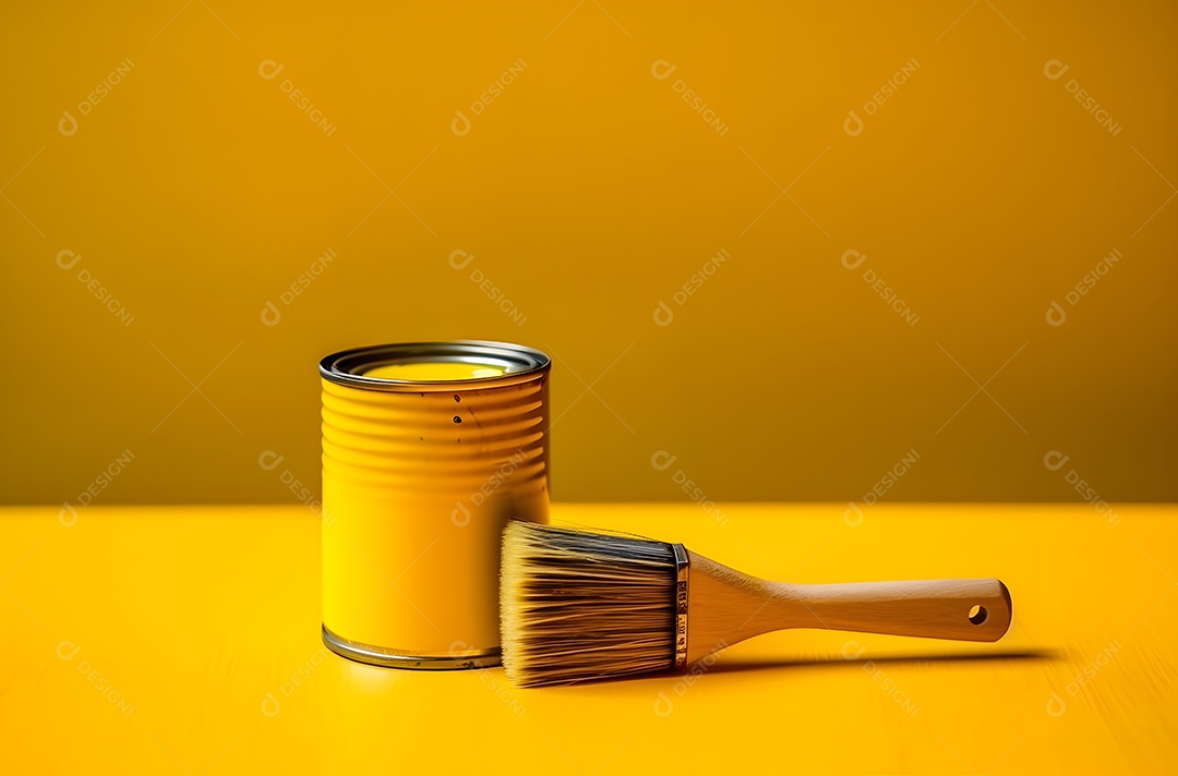 Lata de tinta amarela e pincel para pinturas