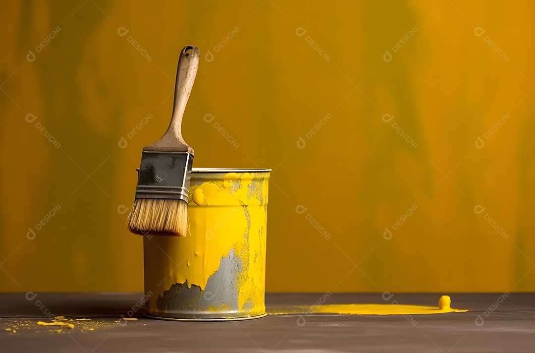 Lata de tinta amarela com pincel para pinturas