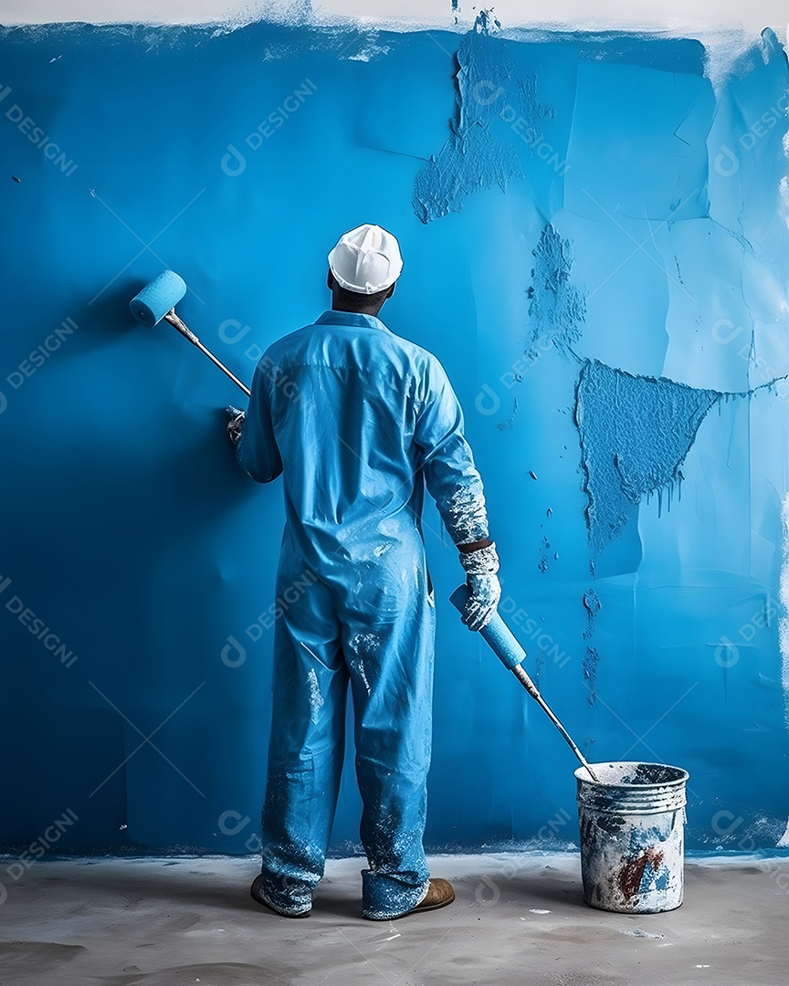 Pintor pintando parede com tinta azul