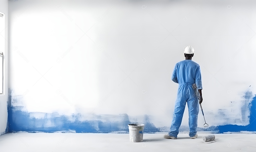 Pintor pintando parede com tinta azul