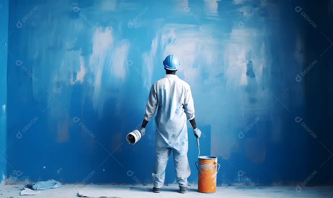 Pintor pintando parede com tinta azul