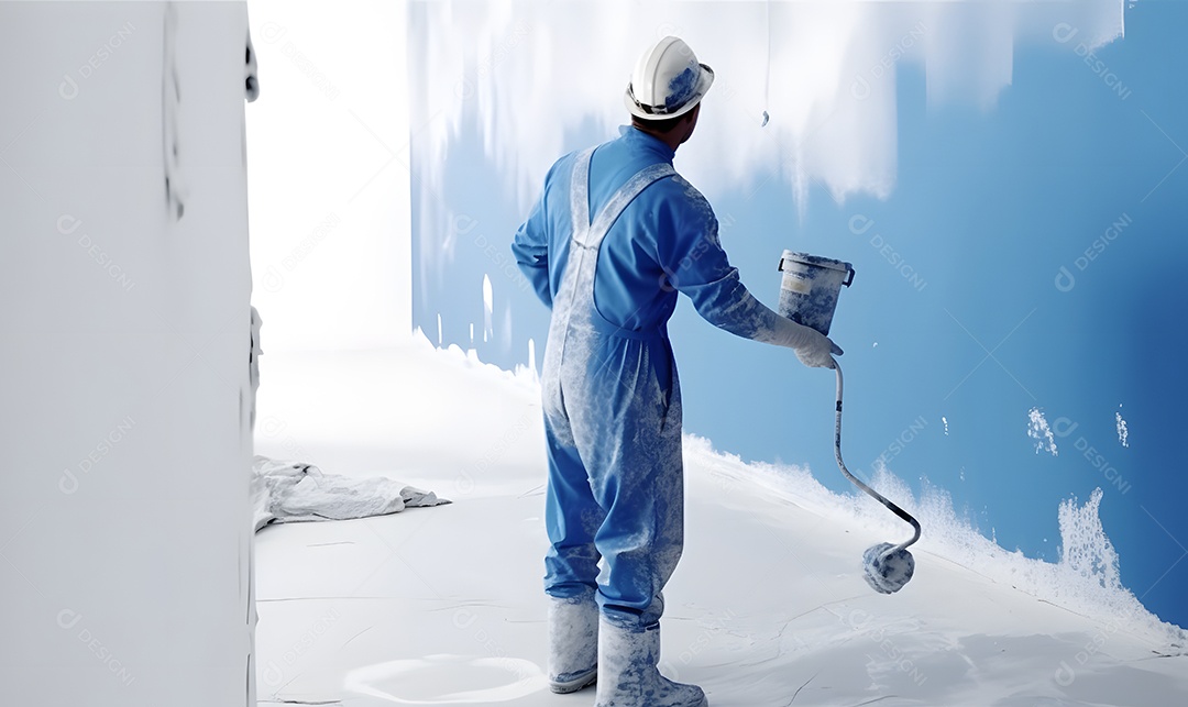 Pintor pintando parede de cor azul