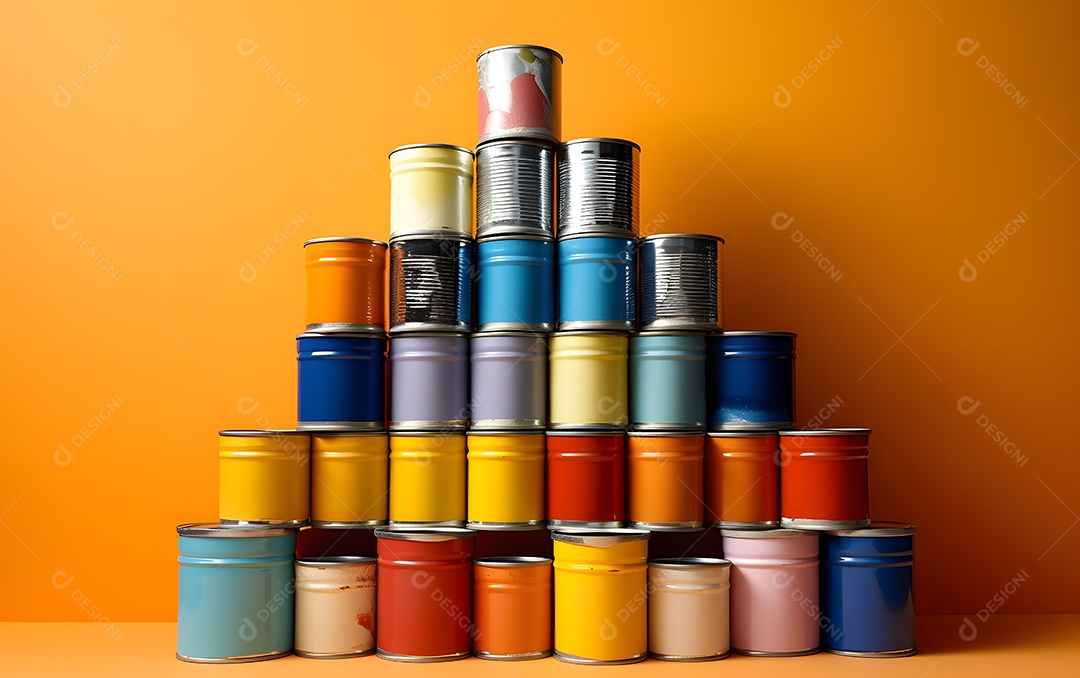 Latas de tintas coloridas empilhadas