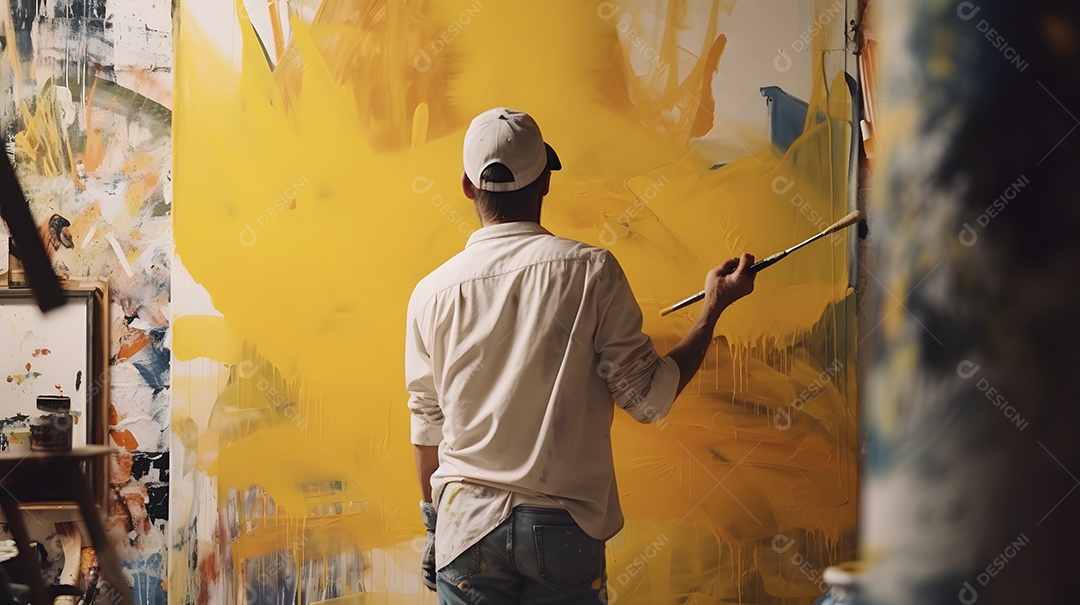 Pintor pintando parede de cor amarela