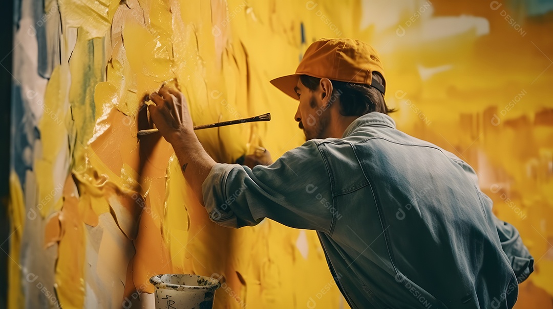 Pintor pintando parede de cor amarela