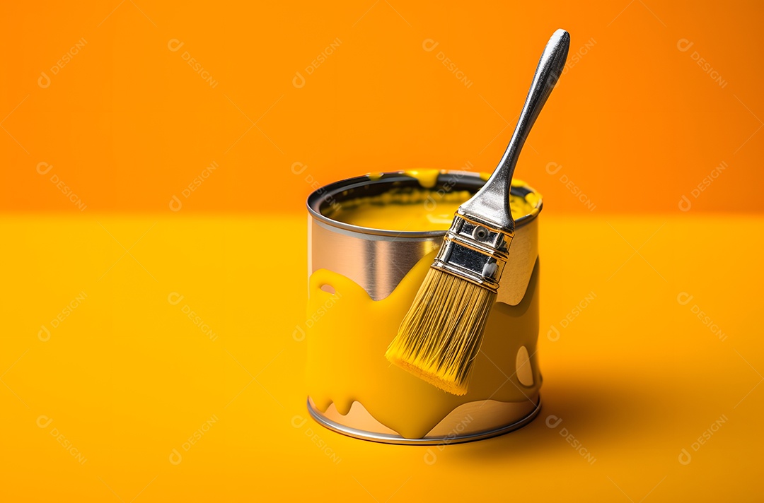 Balde de tinta amarela e pincel