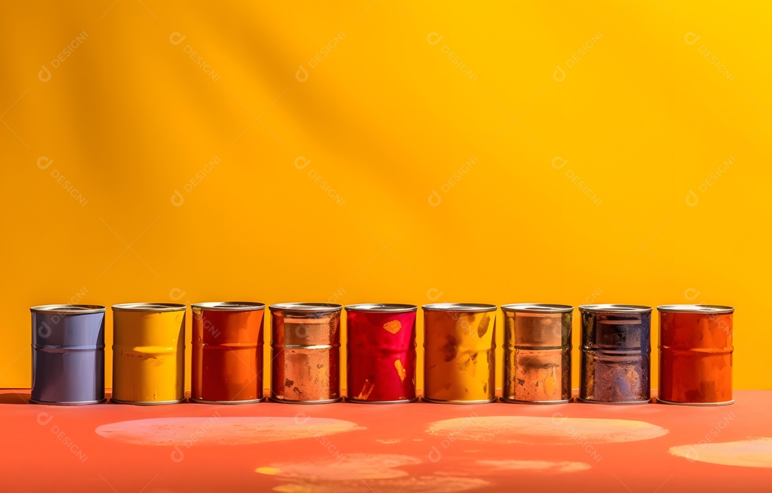 Baldes de tintas coloridas em fundo amarelo