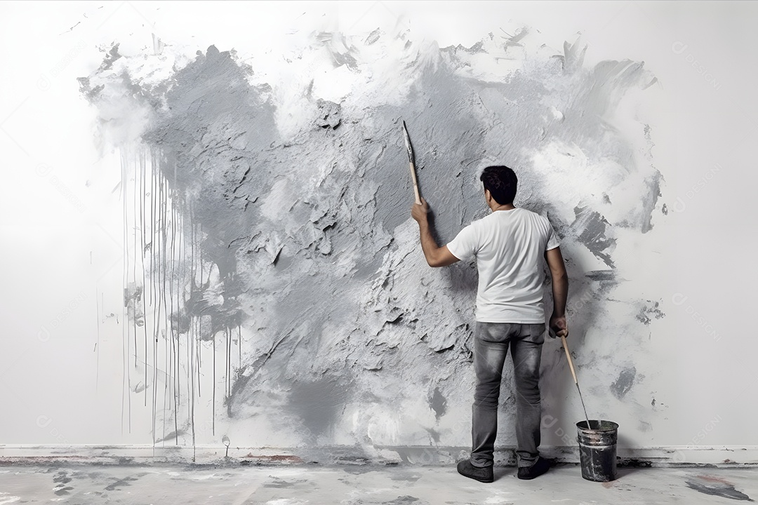 Pintor pintando parede de cor cinza