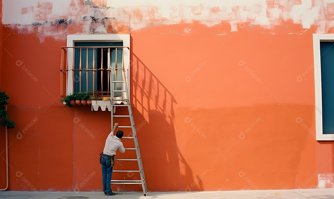 Pintor com escada pintando janela alta