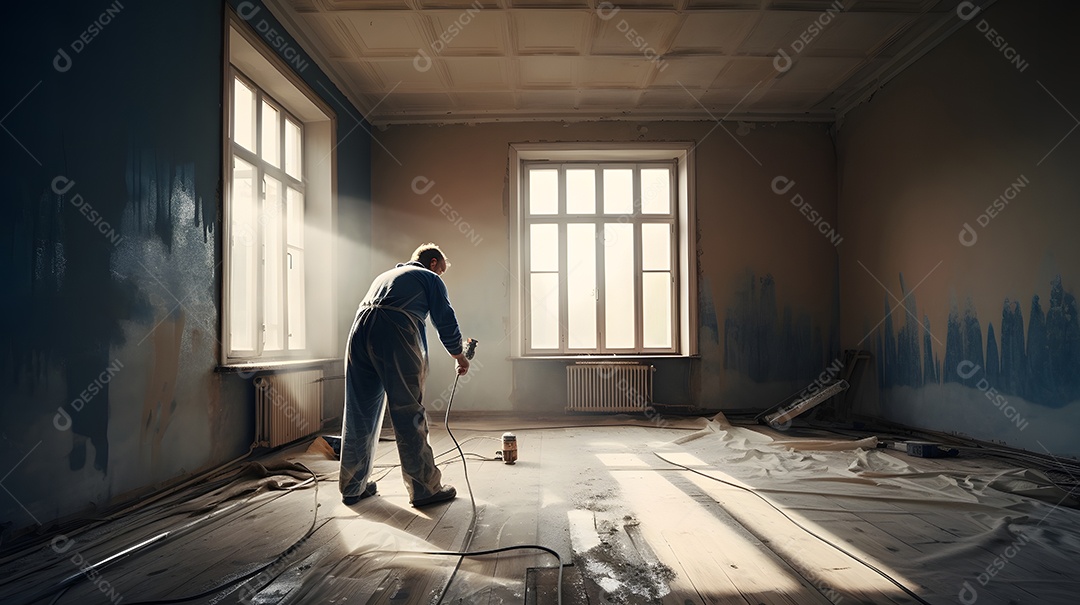 Pintor pintando sala de cor azul