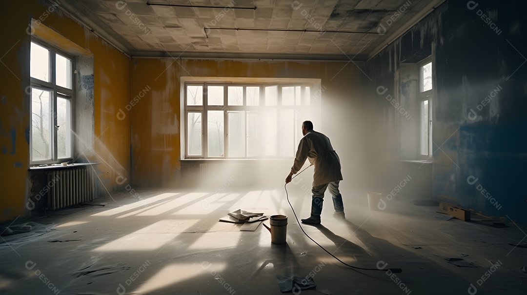 Pintor pintando sala de cor azul