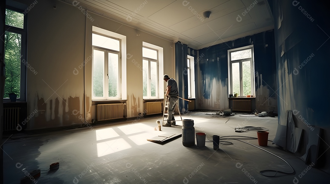 Pintor pintando sala de cor azul