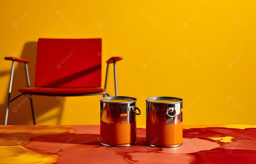 Duas latas de tintas em fundo amarelo