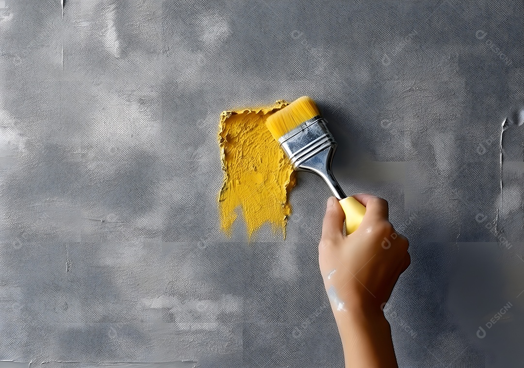Pintor com pincel pintando com tinta amarela