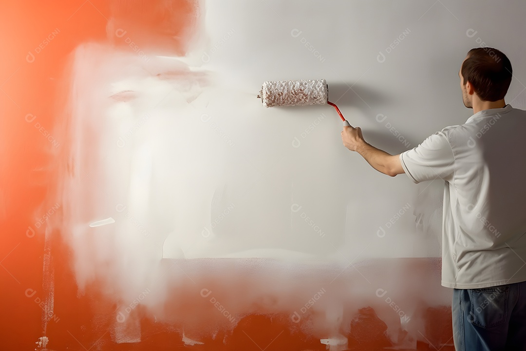 Pintor com pincel pintando com tinta branca