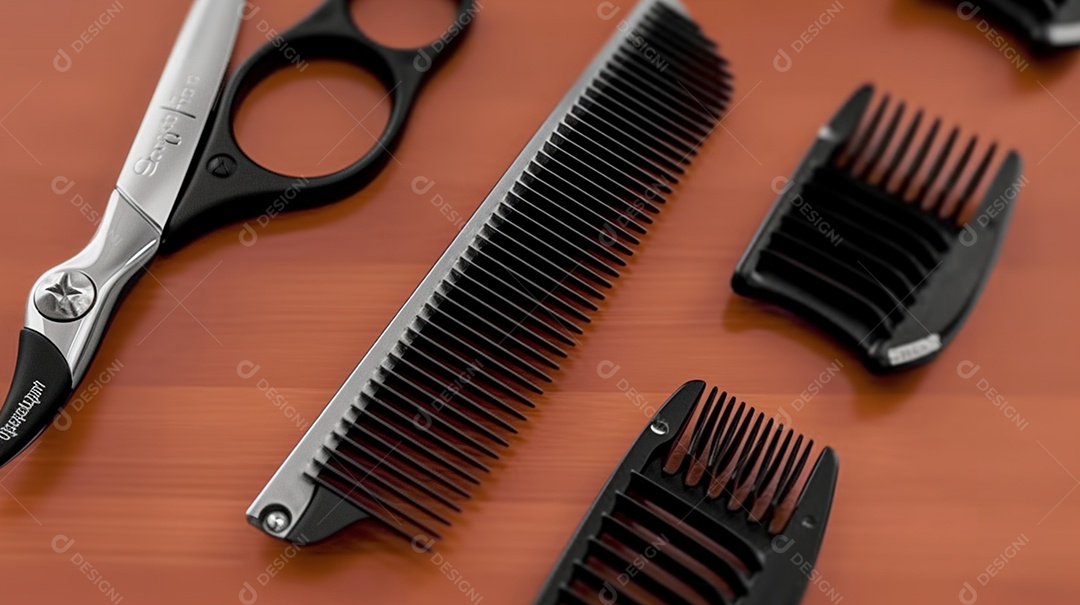 Detalhes da tesoura e pente para corte de cabelo