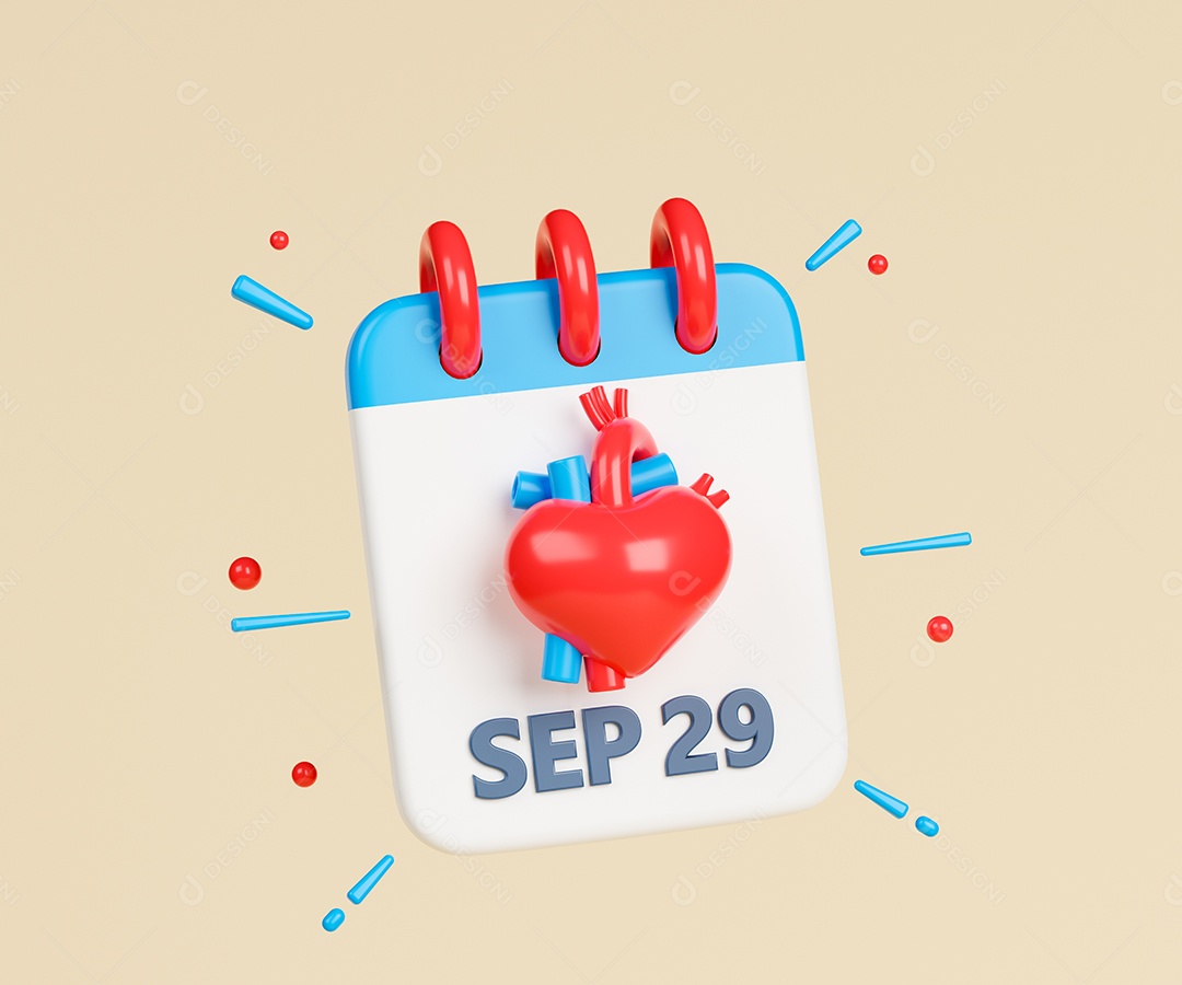 Renderização 3d do calendário do dia mundial do coração.