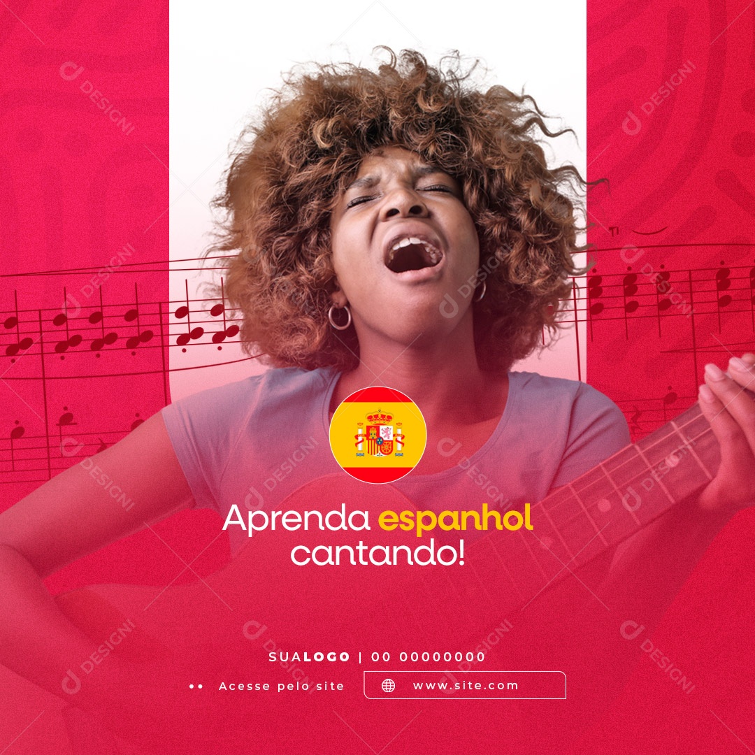 Aprenda Espanhol Cantando! Escola de Espanhol Social Media PSD Editável