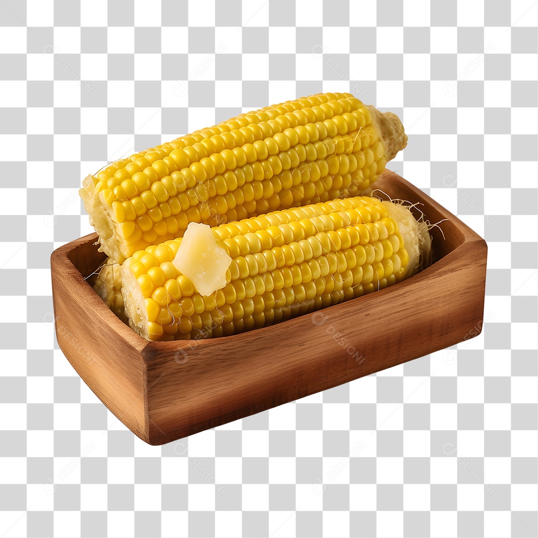 Espigas de milho fresco sobre uma tigela de madeira PNG Transparente
