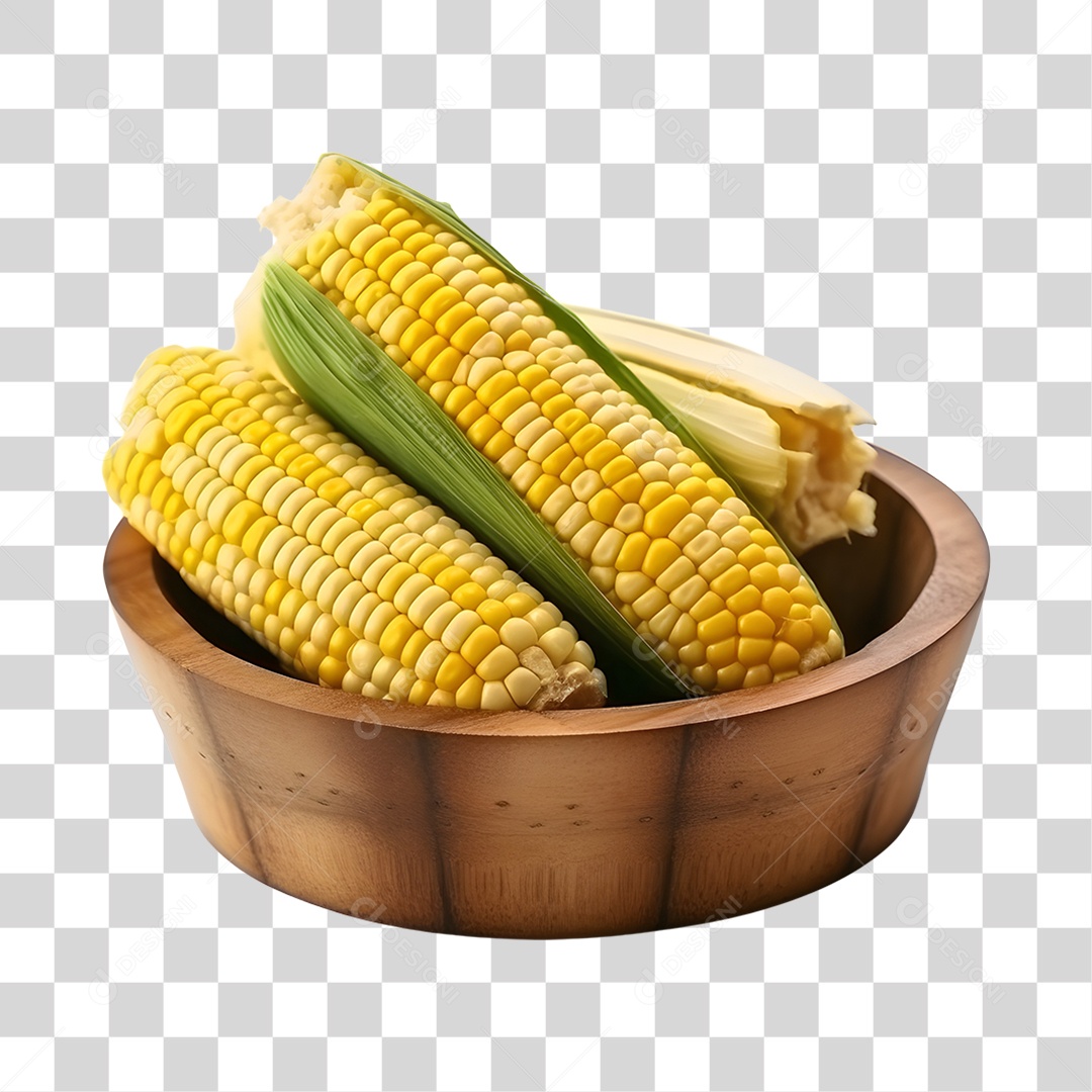 Espigas de milho fresco sobre uma cesta de madeira PNG Transparente