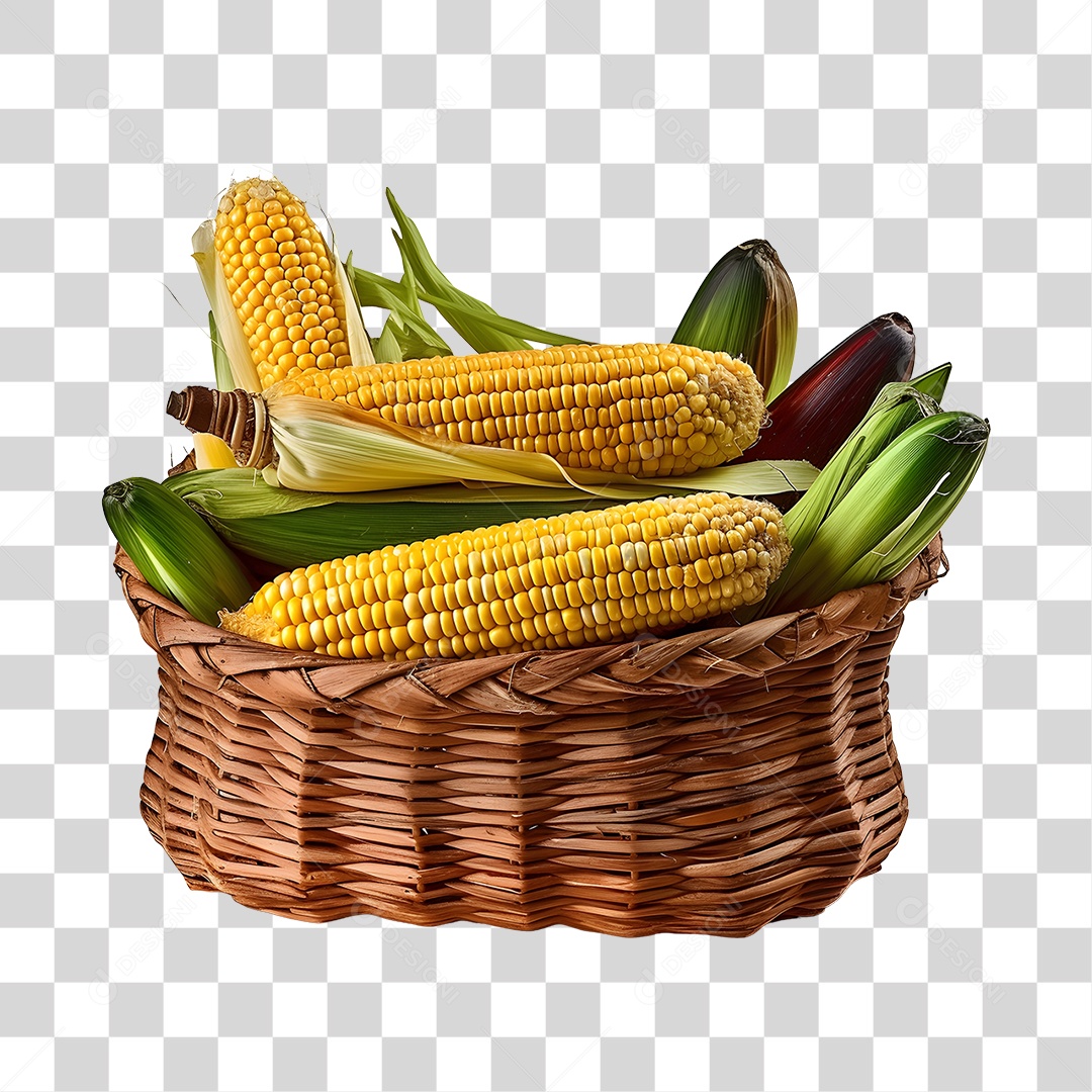 Espigas de milho fresco sobre uma cesta de madeira PNG Transparente