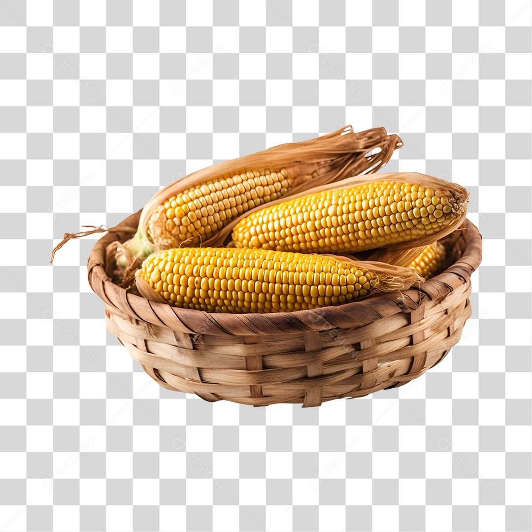 Espigas de milho fresco sobre uma cesta de madeira PNG Transparente