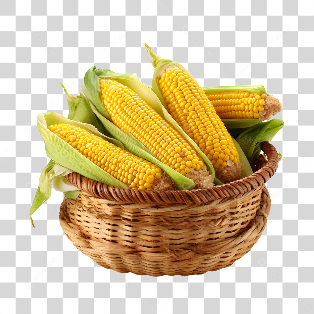 Espigas de milho fresco sobre uma cesta de madeira PNG Transparente