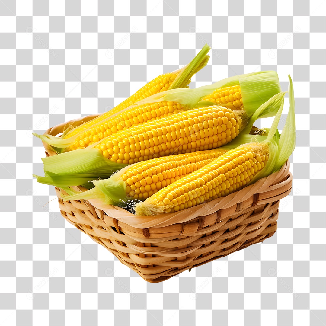 Espigas de milho fresco sobre uma cesta de madeira PNG Transparente