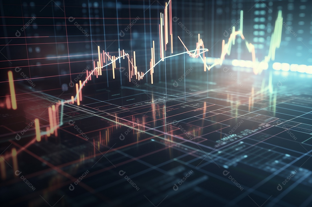 design gráfico, diagrama estatístico iluminação azul neon com indicadores financeiros do mercado de ações e investimento.