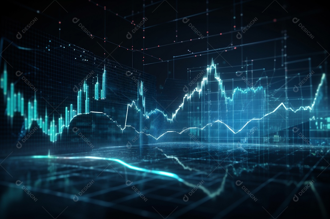 design gráfico, diagrama estatístico iluminação azul neon com indicadores financeiros do mercado de ações e investimento.