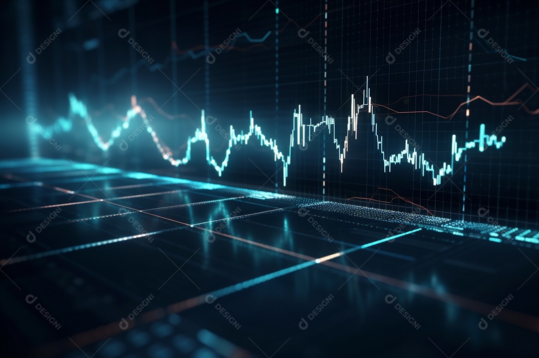 design gráfico, diagrama estatístico iluminação azul neon com indicadores financeiros do mercado de ações e investimento.
