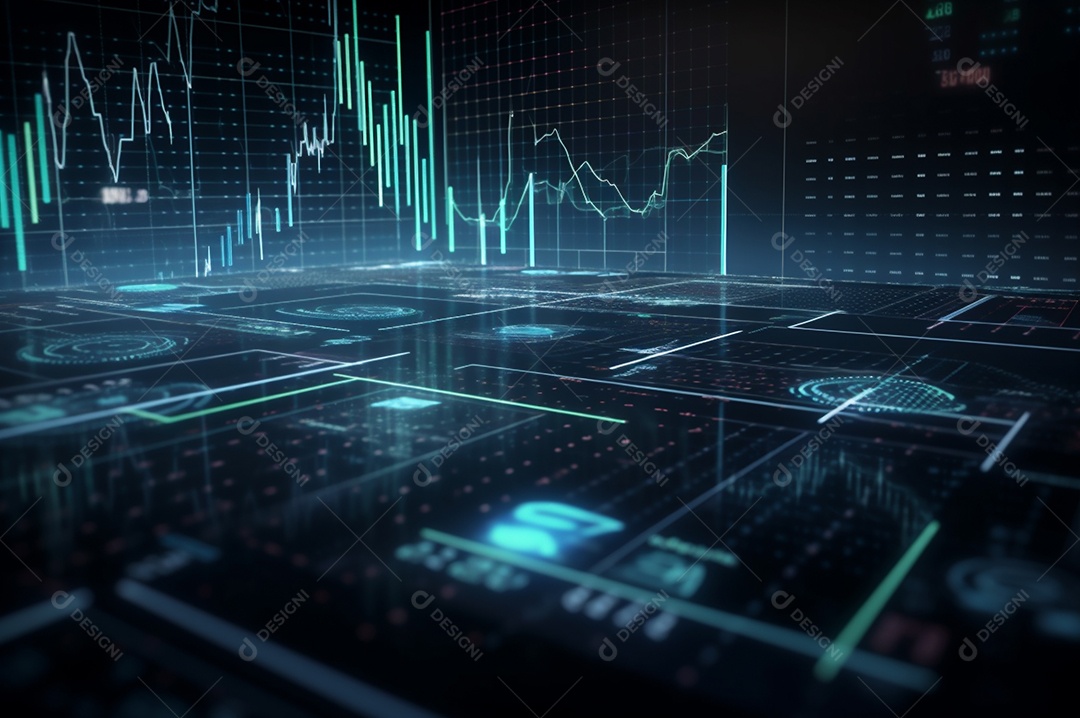 design gráfico, diagrama estatístico iluminação azul neon com indicadores financeiros do mercado de ações e investimento.