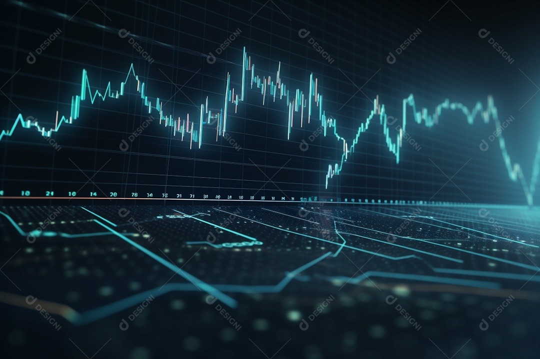 design gráfico, diagrama estatístico iluminação azul neon com indicadores financeiros do mercado de ações e investimento.