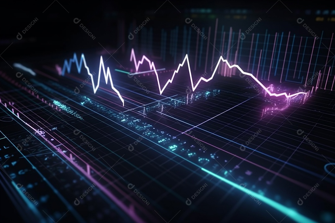 design gráfico, diagrama estatístico iluminação azul neon com indicadores financeiros do mercado de ações e investimento.