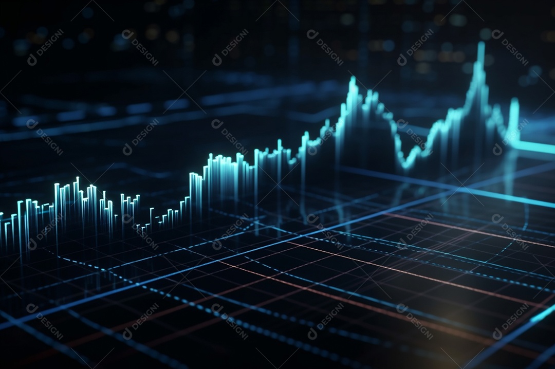 Design gráfico, diagrama estatístico iluminação azul neon com indicadores financeiros do mercado de ações e investimento.