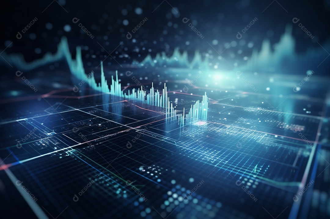 Design gráfico, diagrama estatístico iluminação azul neon com indicadores financeiros do mercado de ações e investimento.